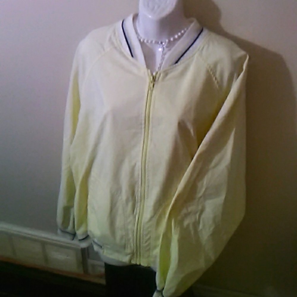 Light Yellow Women’s Bomber Jacket with Navy Stripe Trim